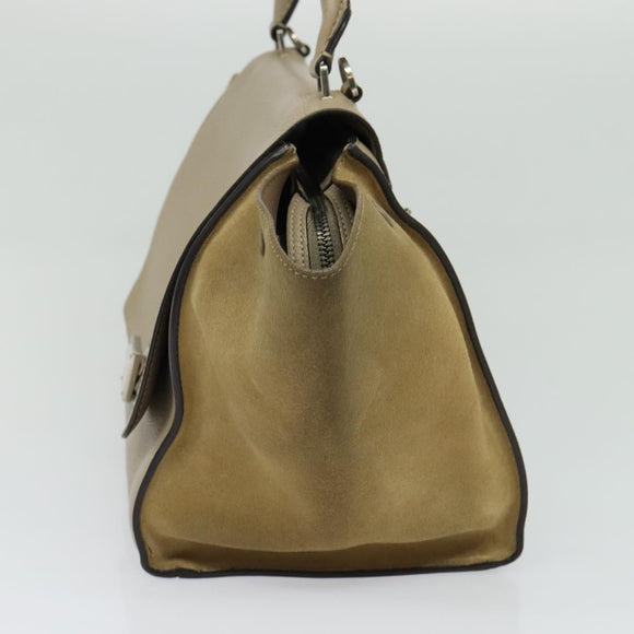 CELINE Trapeze Hand Bag Leather 2way Beige Silver Auth hk2502