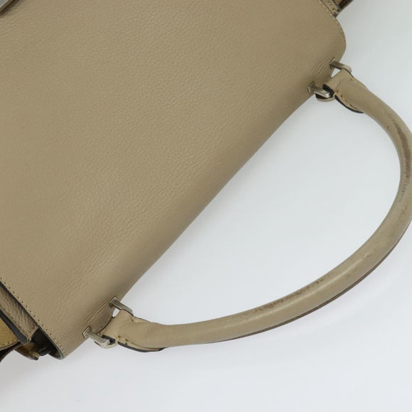 CELINE Trapeze Hand Bag Leather 2way Beige Silver Auth hk2502