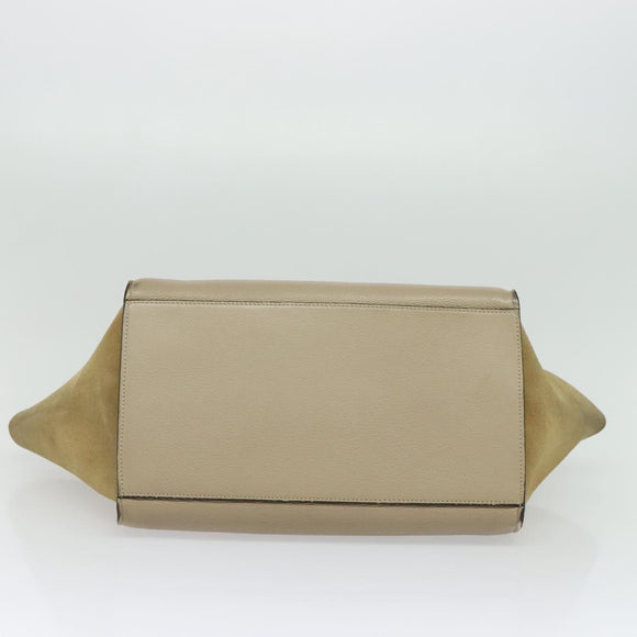 CELINE Trapeze Hand Bag Leather 2way Beige Silver Auth hk2502