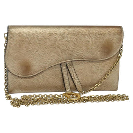 Christian Dior Saddle Chain Wallet Leather Brown Gold Auth hk2524