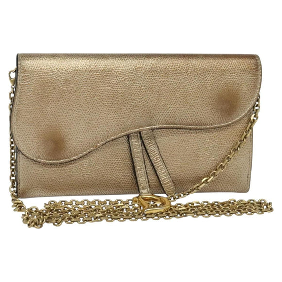 Christian Dior Saddle Chain Wallet Leather Brown Gold Auth hk2524