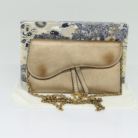 Christian Dior Saddle Chain Wallet Leather Brown Gold Auth hk2524