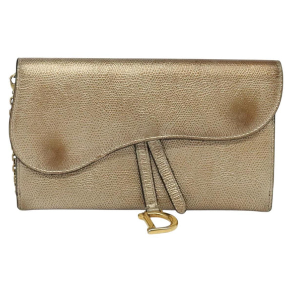 Christian Dior Saddle Chain Wallet Leather Brown Gold Auth hk2524