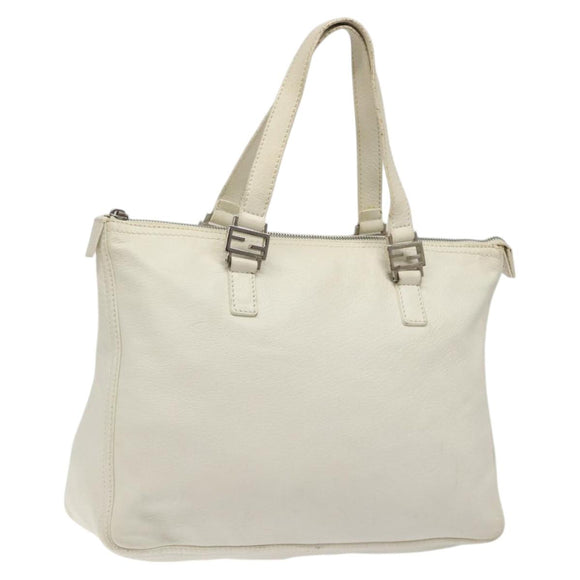 FENDI Hand Bag Leather White Silver Auth hk2612