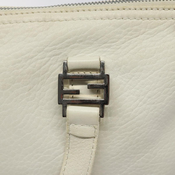 FENDI Hand Bag Leather White Silver Auth hk2612