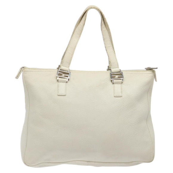 FENDI Hand Bag Leather White Silver Auth hk2612