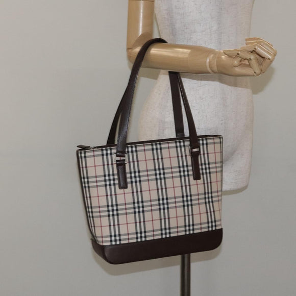 BURBERRY Nova Check Shoulder Bag Canvas Leather Beige Silver Auth hk2725