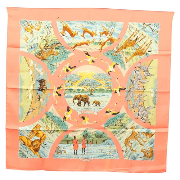 HERMES Carre 90 Scarf ""TANZANIE"" Silk Pink Auth hk2777