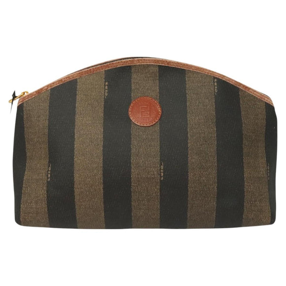 FENDI Pecan Canvas Pouch Black Brown gold Auth hk2781