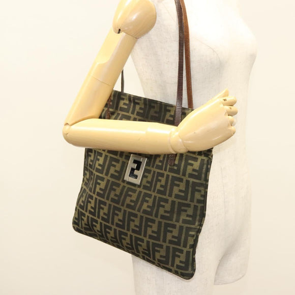FENDI Zucca Canvas Shoulder Bag Brown Black Auth hk2786