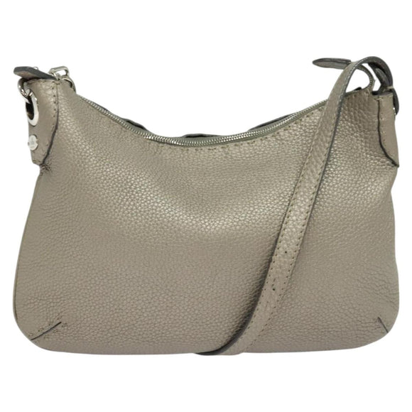 FENDI Celeria Shoulder Bag Leather Gray Silver Auth hk2788