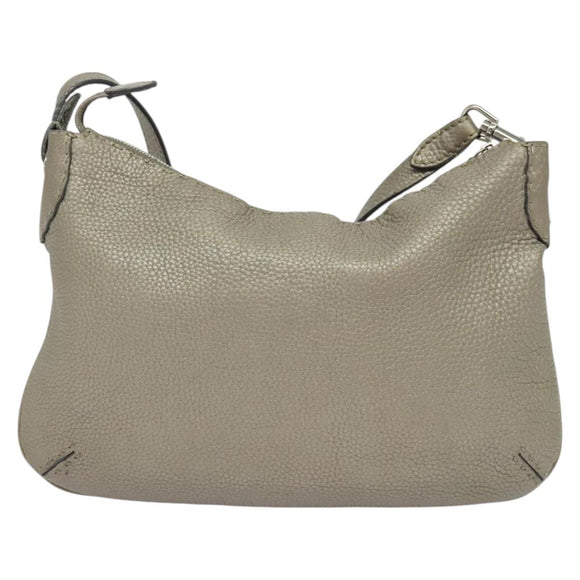 FENDI Celeria Shoulder Bag Leather Gray Silver Auth hk2788