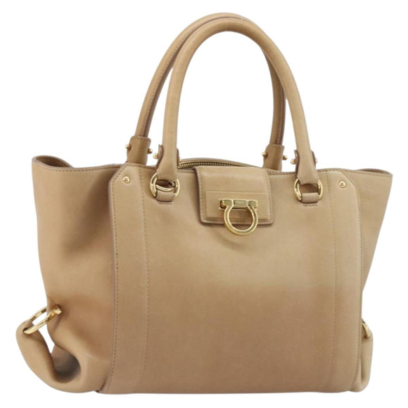 Salvatore Ferragamo Gancini Handtasche Leder Beige Gold Auth hk2805