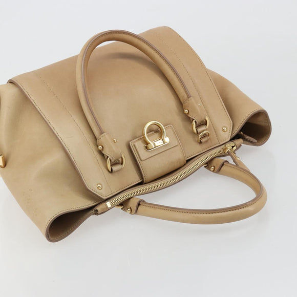 Salvatore Ferragamo Gancini Handtasche Leder Beige Gold Auth hk2805