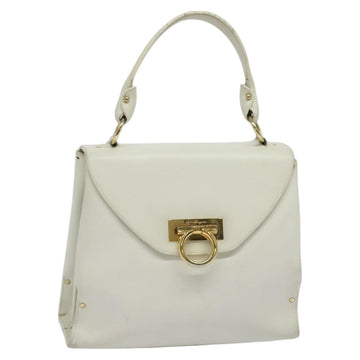 Salvatore Ferragamo Gancini Hand Bag Leather White Gold Auth hk2806