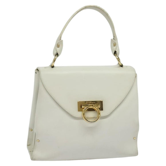 Salvatore Ferragamo Gancini Hand Bag Leather White Gold Auth hk2806