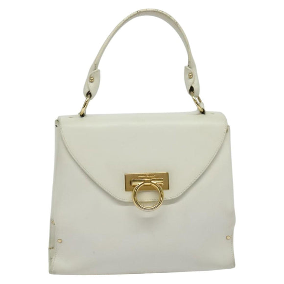 Salvatore Ferragamo Gancini Hand Bag Leather White Gold Auth hk2806