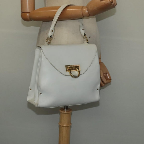 Salvatore Ferragamo Gancini Hand Bag Leather White Gold Auth hk2806