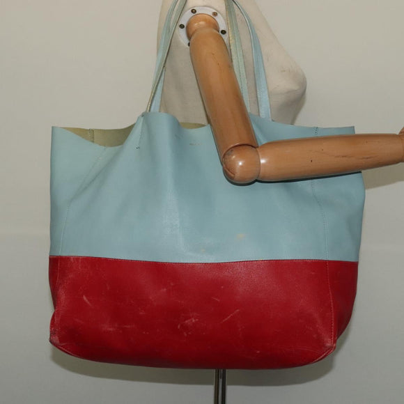 CELINE Horizontalkava Tote Bag Leather Red Light Blue Auth hk2827