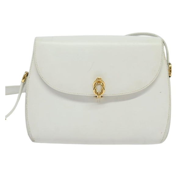 GUCCI Shoulder Bag Leather White Gold Auth hk2861
