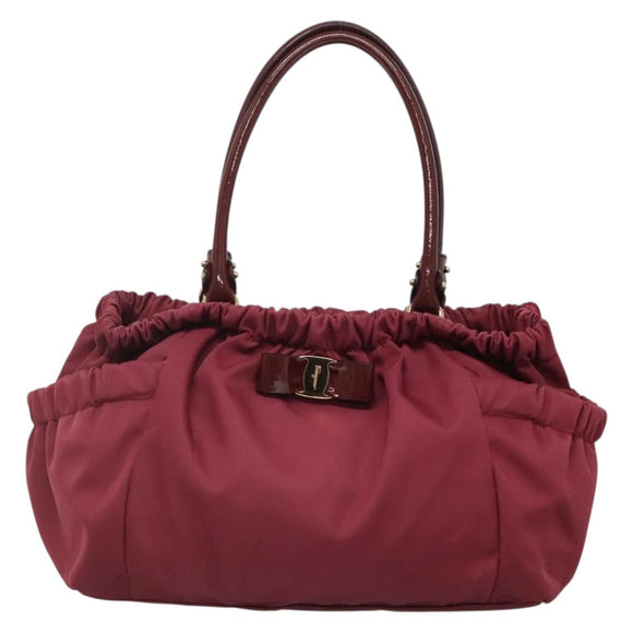 Salvatore Ferragamo Vala Tote Bag Nylon Bordeaux Gold Auth hk2907