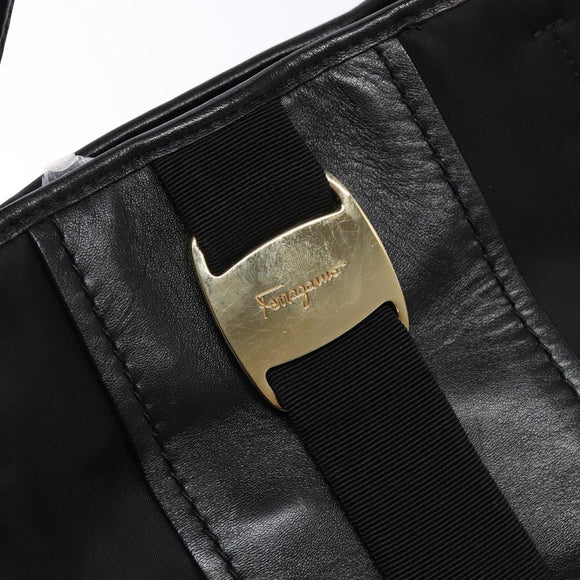 Salvatore Ferragamo Vala Tote Bag Nylon Black Gold Auth hk2909
