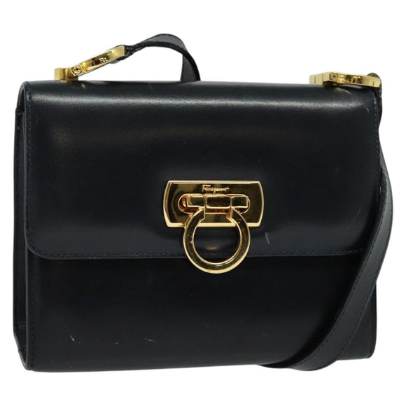 Salvatore Ferragamo Gancini Shoulder Bag Leather Black Gold Auth hk2923