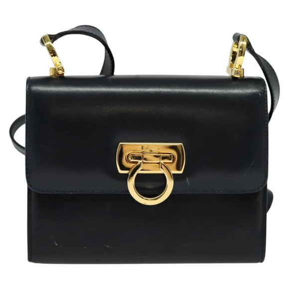 Salvatore Ferragamo Gancini Shoulder Bag Leather Black Gold Auth hk2923