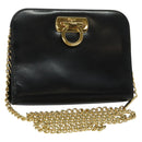 Salvatore Ferragamo Gancini Chain Shoulder Bag Leather Black Gold Auth hk2925-1