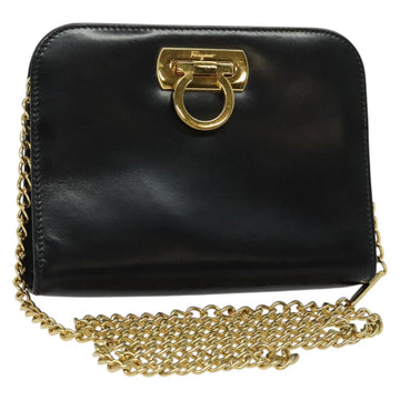 Salvatore Ferragamo Gancini Chain Shoulder Bag Leather Black Gold Auth hk2925