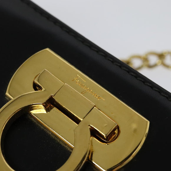 Salvatore Ferragamo Gancini Chain Shoulder Bag Leather Black Gold Auth hk2925