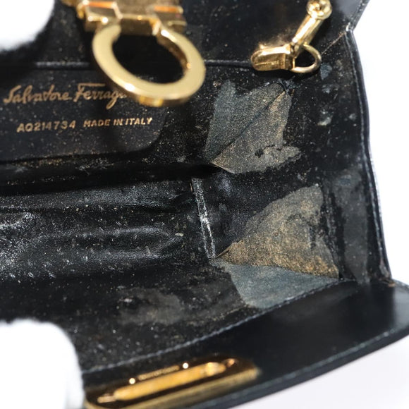 Salvatore Ferragamo Gancini Chain Shoulder Bag Leather Black Gold Auth hk2925