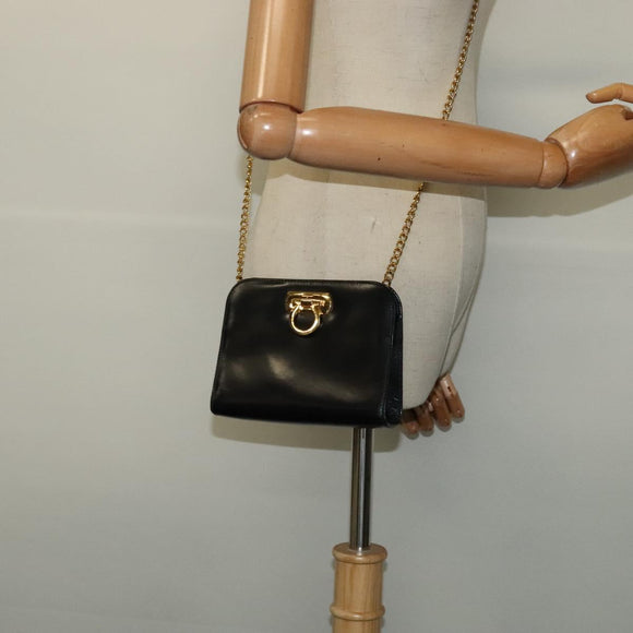Salvatore Ferragamo Gancini Chain Shoulder Bag Leather Black Gold Auth hk2925