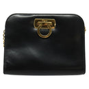 Salvatore Ferragamo Gancini Chain Shoulder Bag Leather Black Gold Auth hk2925-2