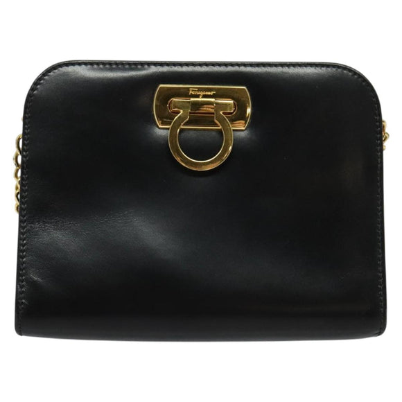 Salvatore Ferragamo Gancini Chain Shoulder Bag Leather Black Gold Auth hk2925