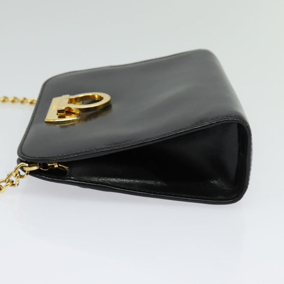 Salvatore Ferragamo Gancini Chain Shoulder Bag Leather Black Gold Auth hk2925