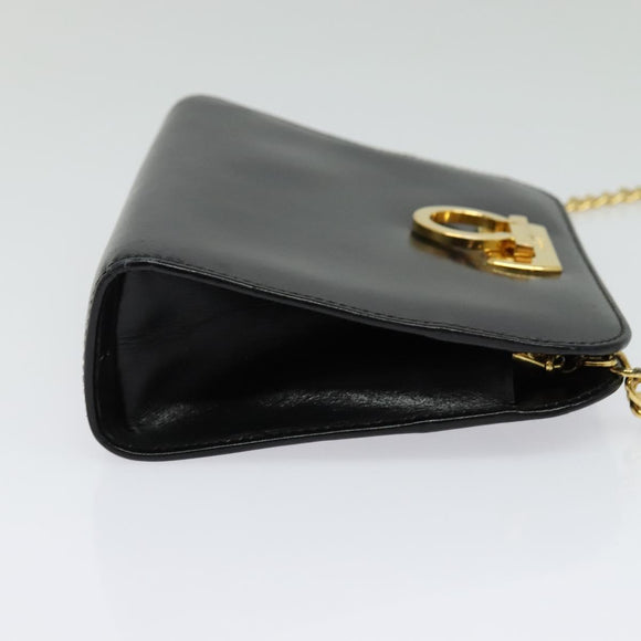 Salvatore Ferragamo Gancini Chain Shoulder Bag Leather Black Gold Auth hk2925