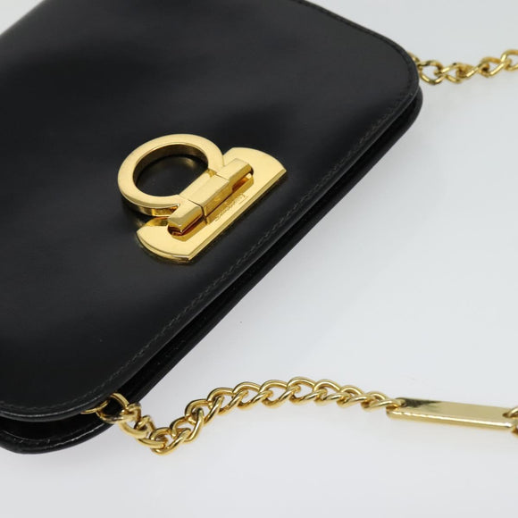 Salvatore Ferragamo Gancini Chain Shoulder Bag Leather Black Gold Auth hk2925