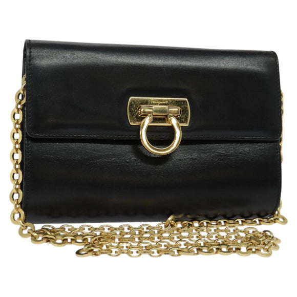 Salvatore Ferragamo Gancini Chain Shoulder Bag Leather Black Gold Auth hk2926