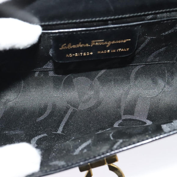 Salvatore Ferragamo Gancini Chain Shoulder Bag Leather Black Gold Auth hk2926