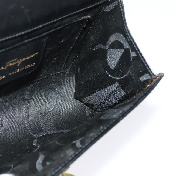 Salvatore Ferragamo Gancini Chain Shoulder Bag Leather Black Gold Auth hk2926