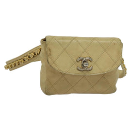 CHANEL Bicolore Waist pouch Caviar Skin Beige Gold CC Auth hk2931