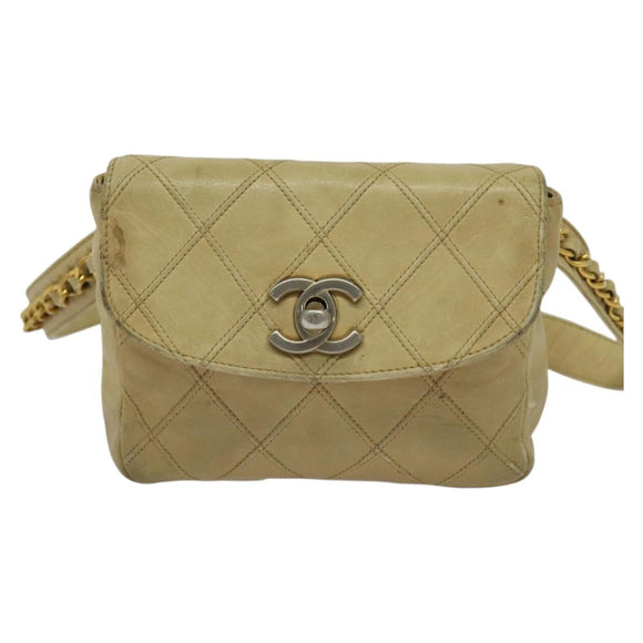 CHANEL Bicolore Waist pouch Caviar Skin Beige Gold CC Auth hk2931