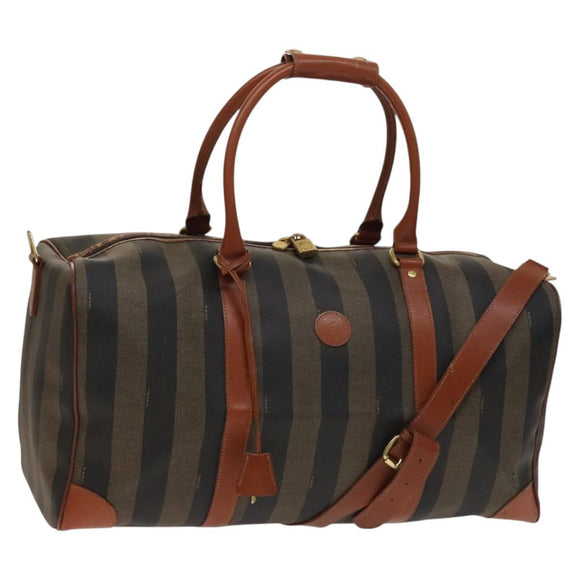 FENDI Pecan Canvas Boston Bag PVC Black Brown Auth hk2948