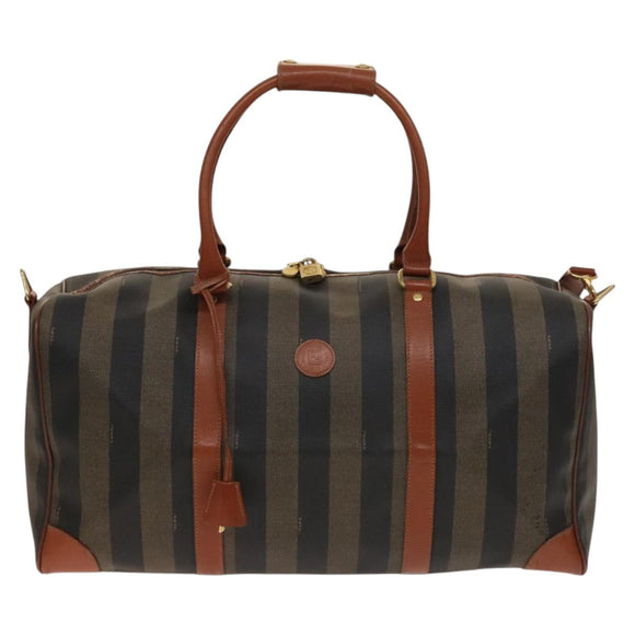 FENDI Pecan Canvas Boston Bag PVC Black Brown Auth hk2948