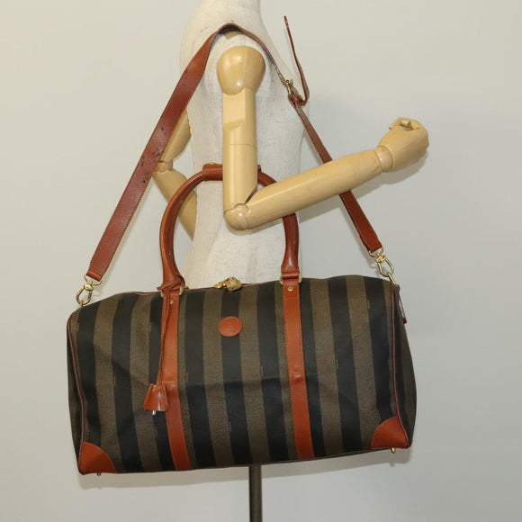 FENDI Pecan Canvas Boston Bag PVC Black Brown Auth hk2948