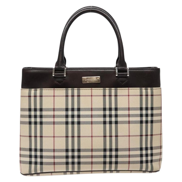 BURBERRY Nova Check Tote Bag Nylon Beige Silver Auth hk2951