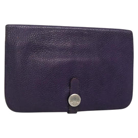 HERMES Dogon GM Wallet Leather Purple Silver Auth hk2954