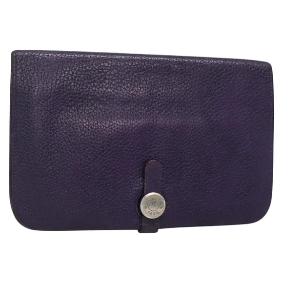 HERMES Dogon GM Wallet Leather Purple Silver Auth hk2954