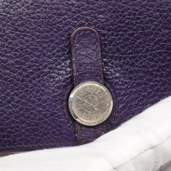 HERMES Dogon GM Wallet Leather Purple Silver Auth hk2954